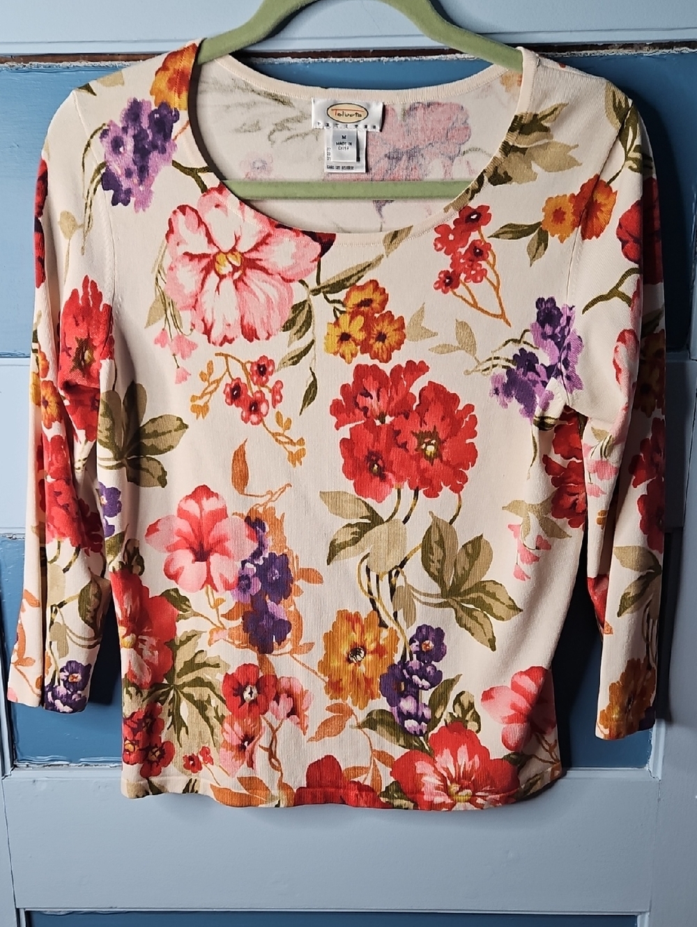 Talbots Cream Floral Silk Blend Lightweight Sweater Medium Petite